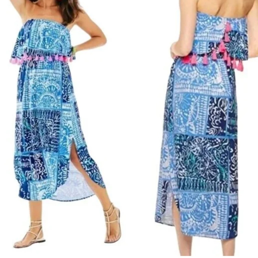 Lilly Pulitzer Blue Strapless Maxi Dress with Pink Tassels
